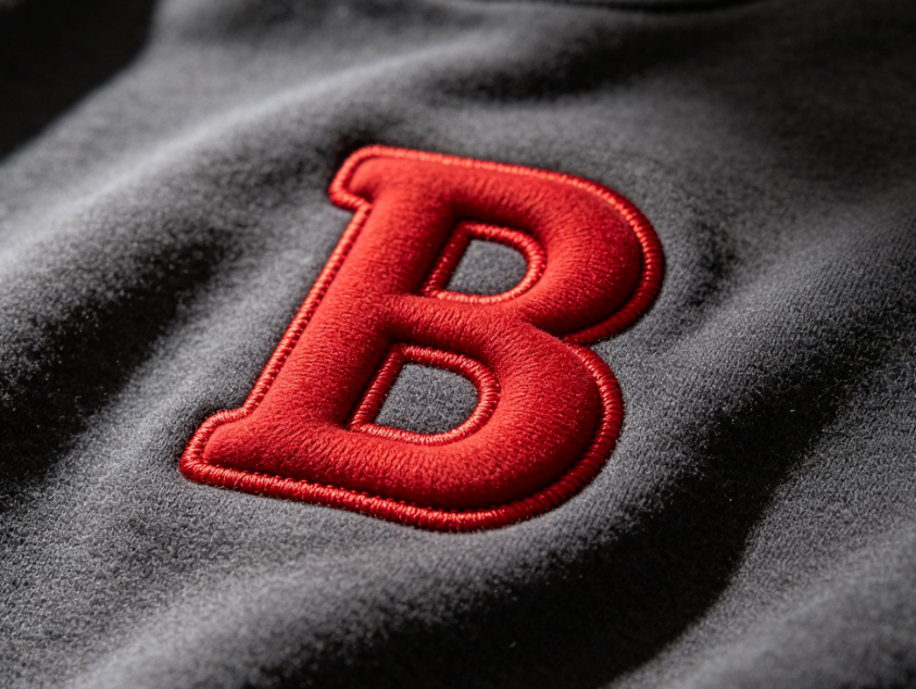 Close-up of red 3D puff embroidered letter B on dark grey fleece fabric, showing raised dimensional texture