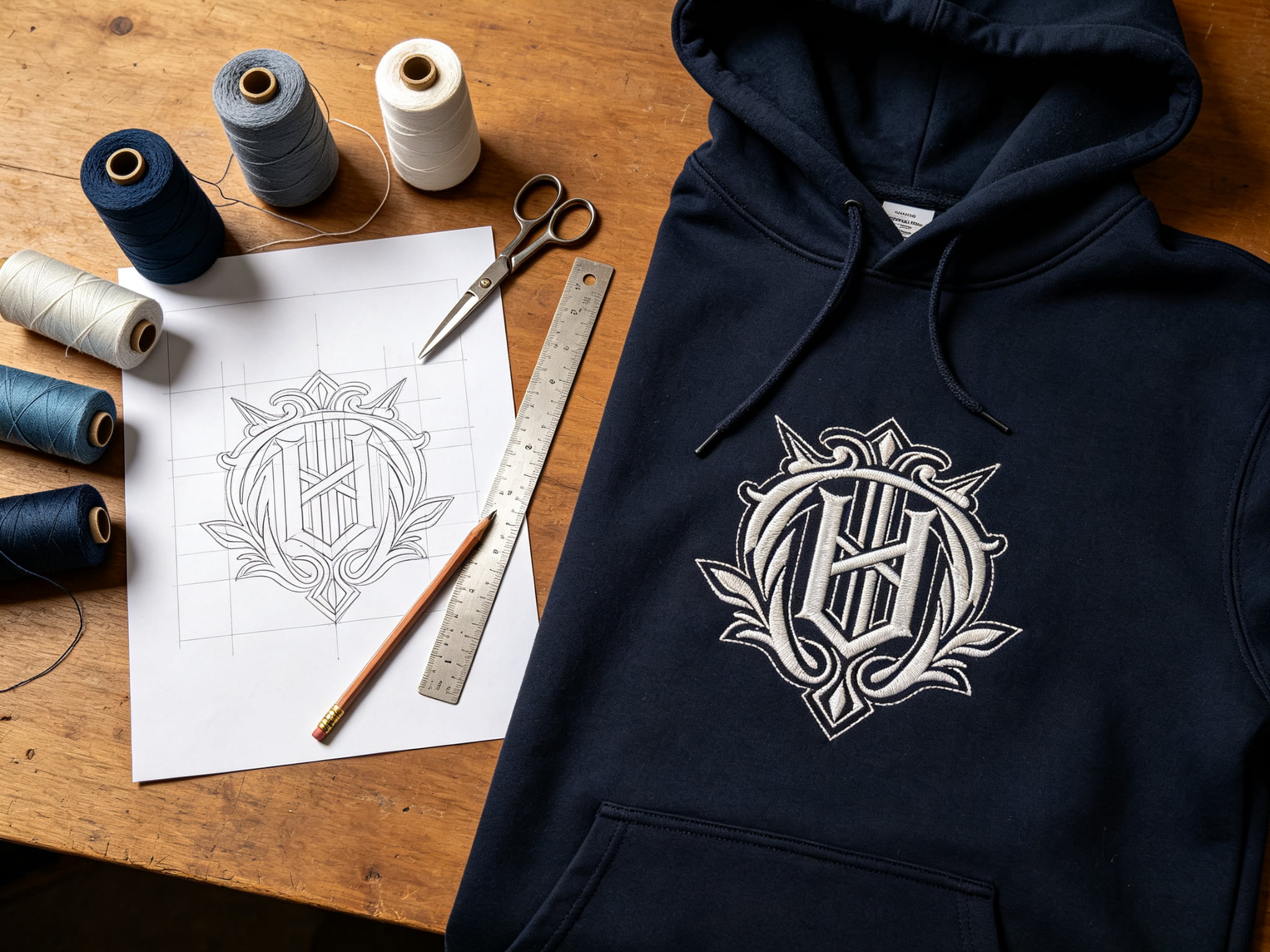 Approved embroidery sample next to design draft and thread spools, ready for bulk production, dark hoodie with white embroidered crest