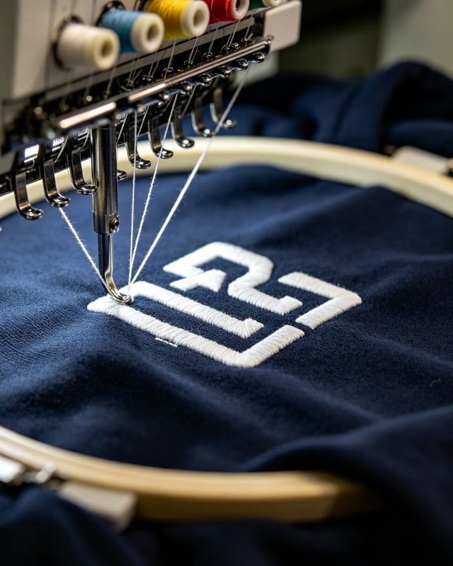 Industrial embroidery machine stitching custom white design on dark navy hoodie, close-up detail