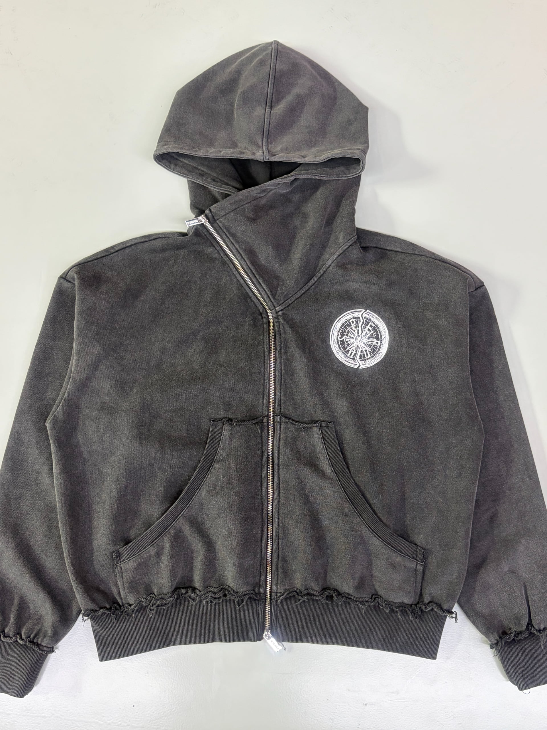 Custom zip-up hoodie full front view with zipper, hood, pockets and ribbed hem