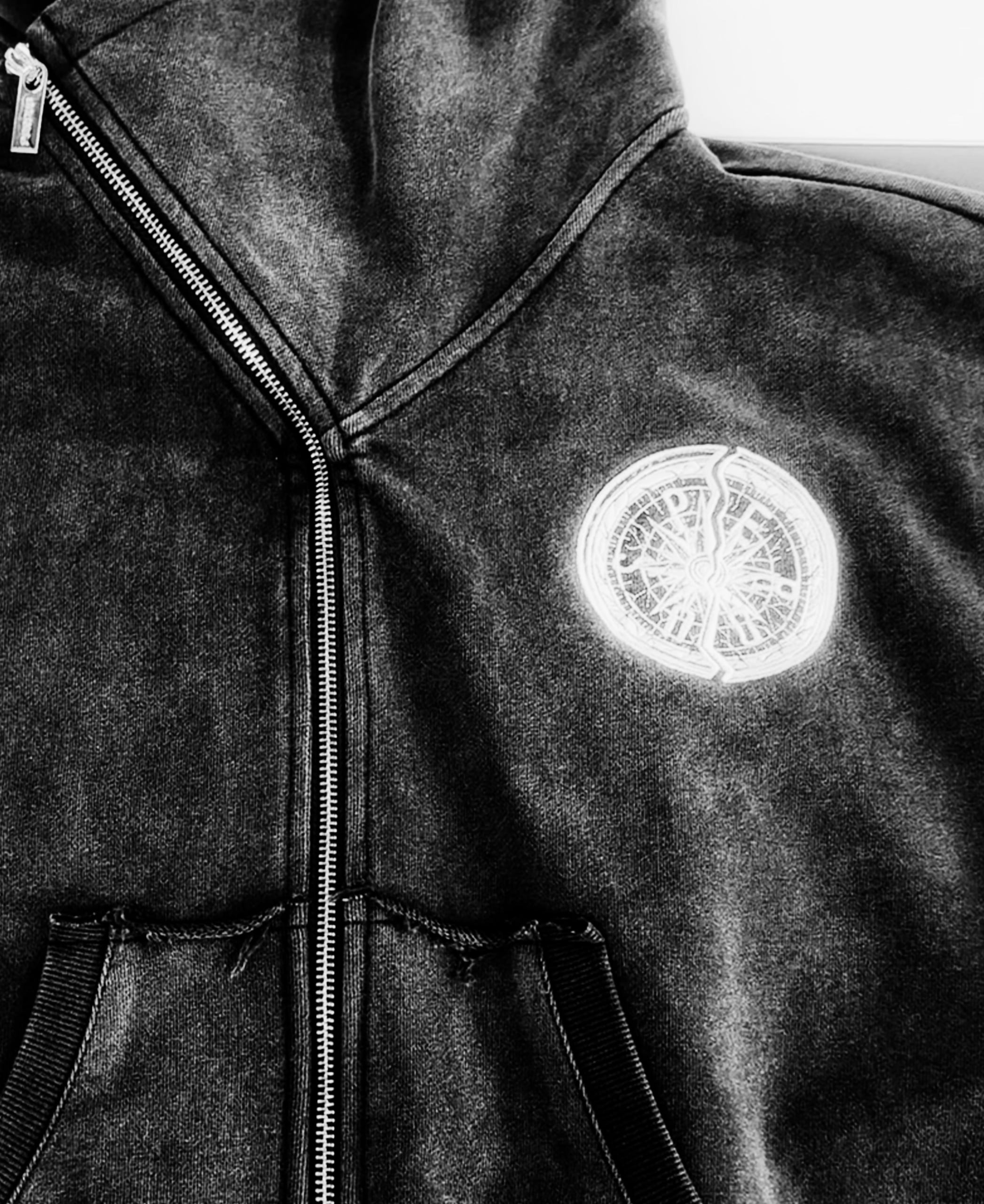 Custom zip-up hoodie with embroidery, printing and branded zipper hardware