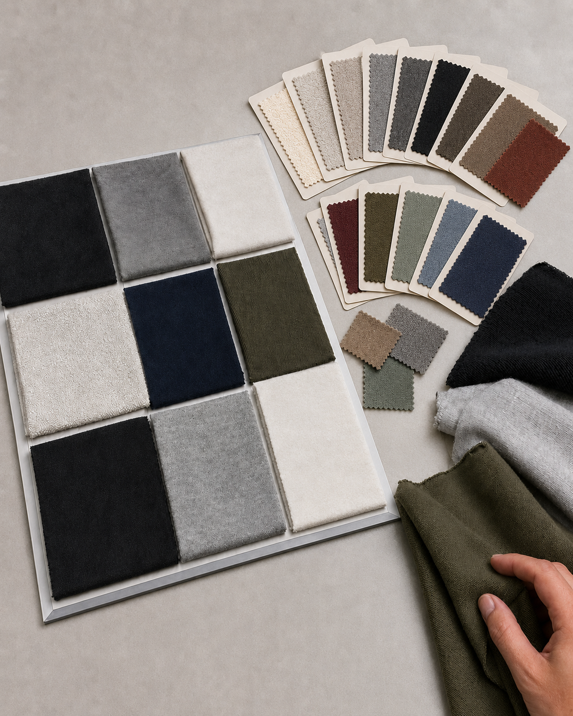 Fabric swatches and color cards for custom clothing development