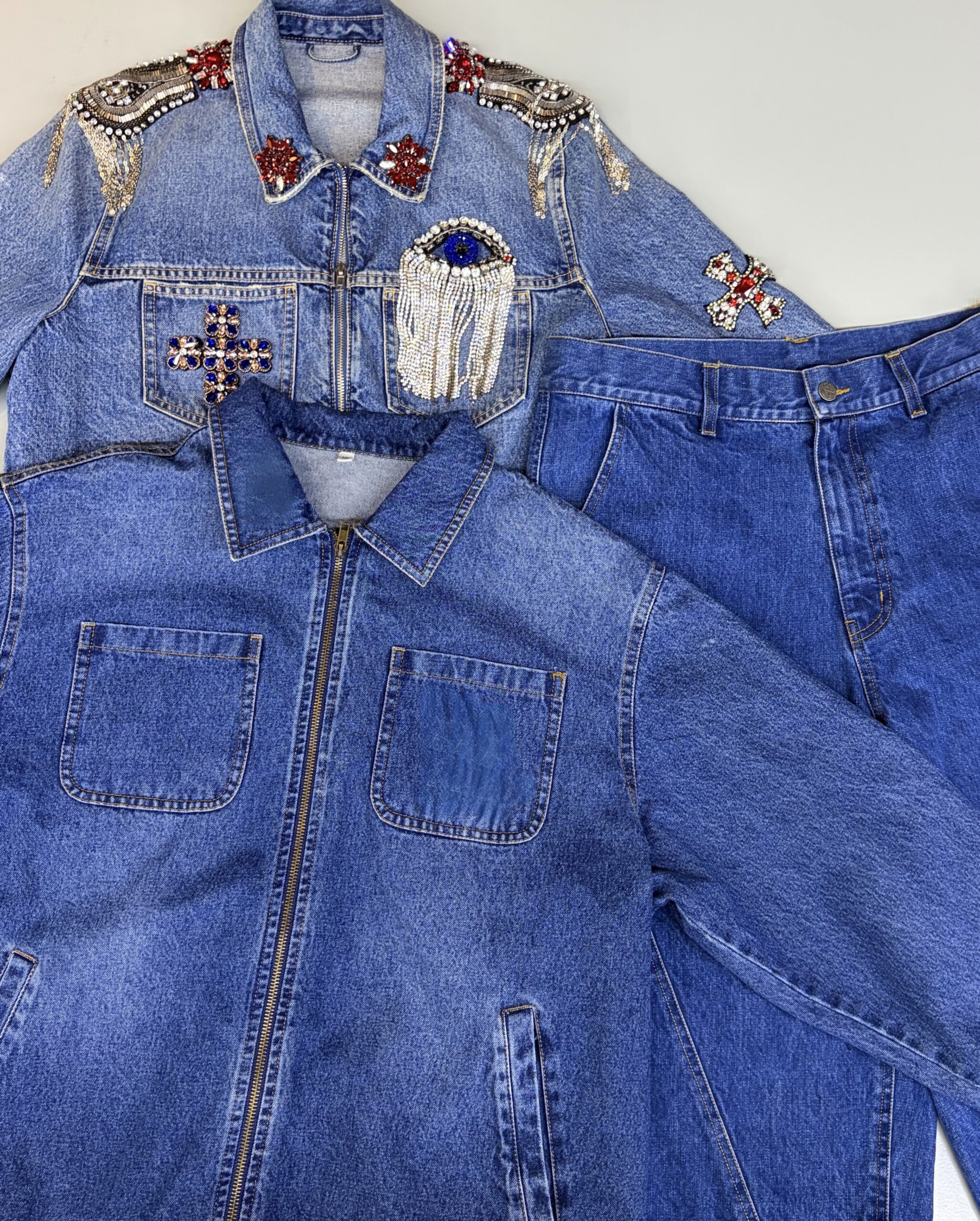 Custom denim garments with wash and finish details