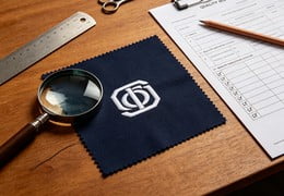 Embroidered logo sample with magnifying glass and quality inspection checklist on worktable