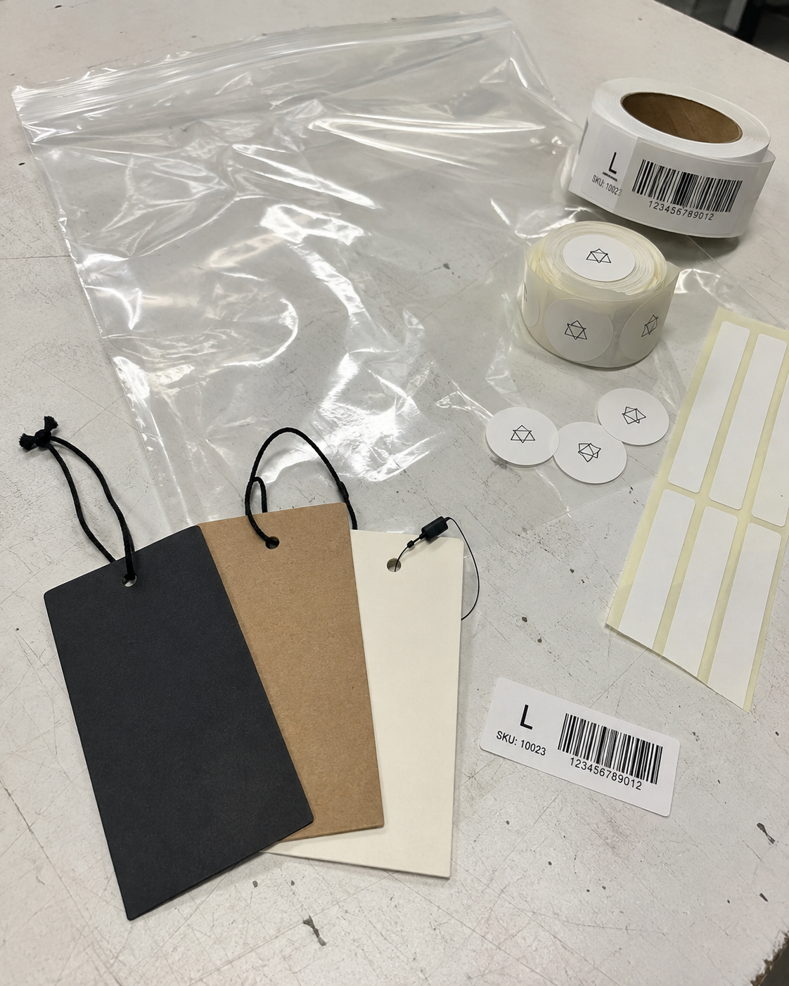 Clothing packaging bags hangtags stickers and barcode labels