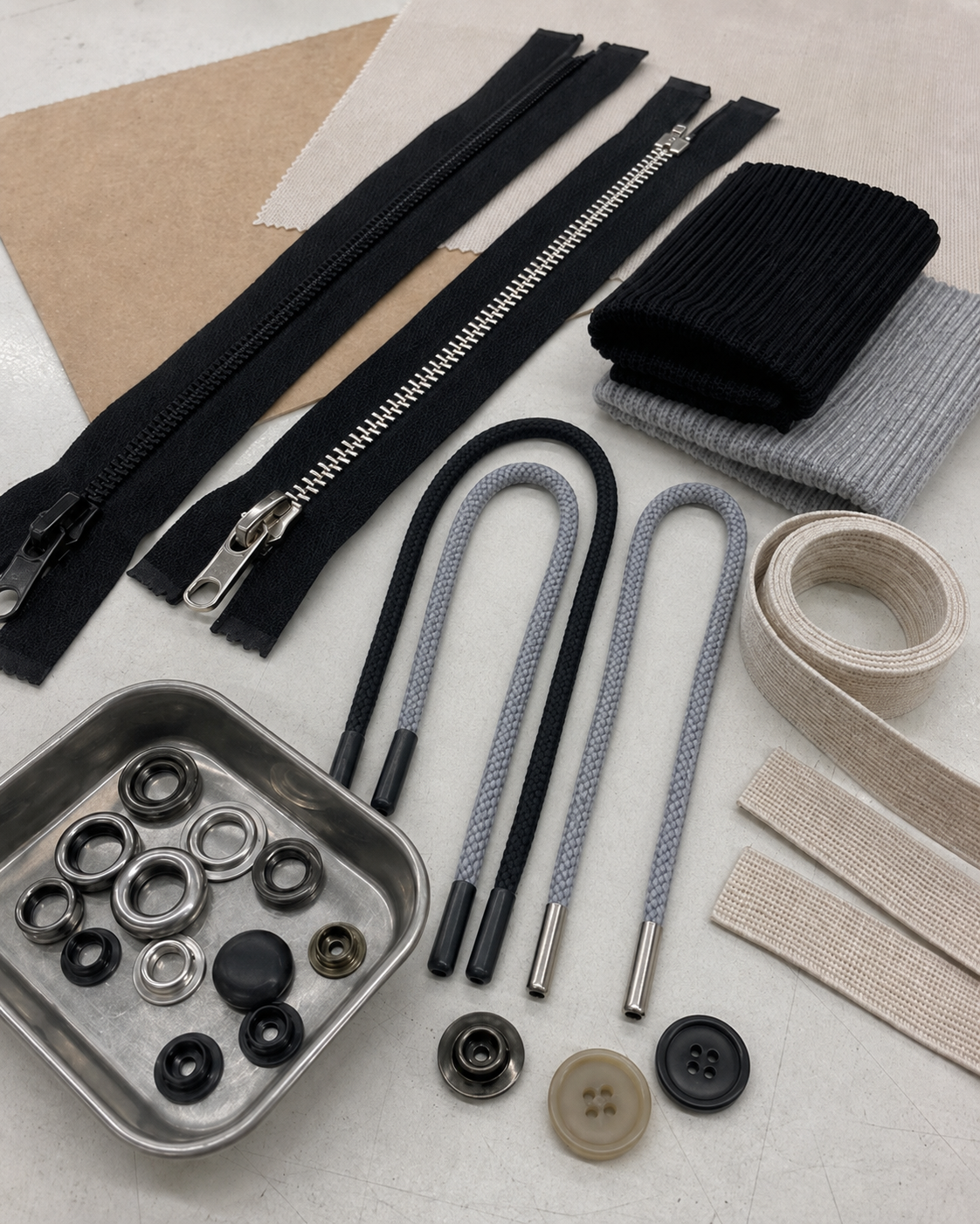 Clothing trims and accessories including zippers, drawcords, eyelets, buttons, ribbed trims and elastic